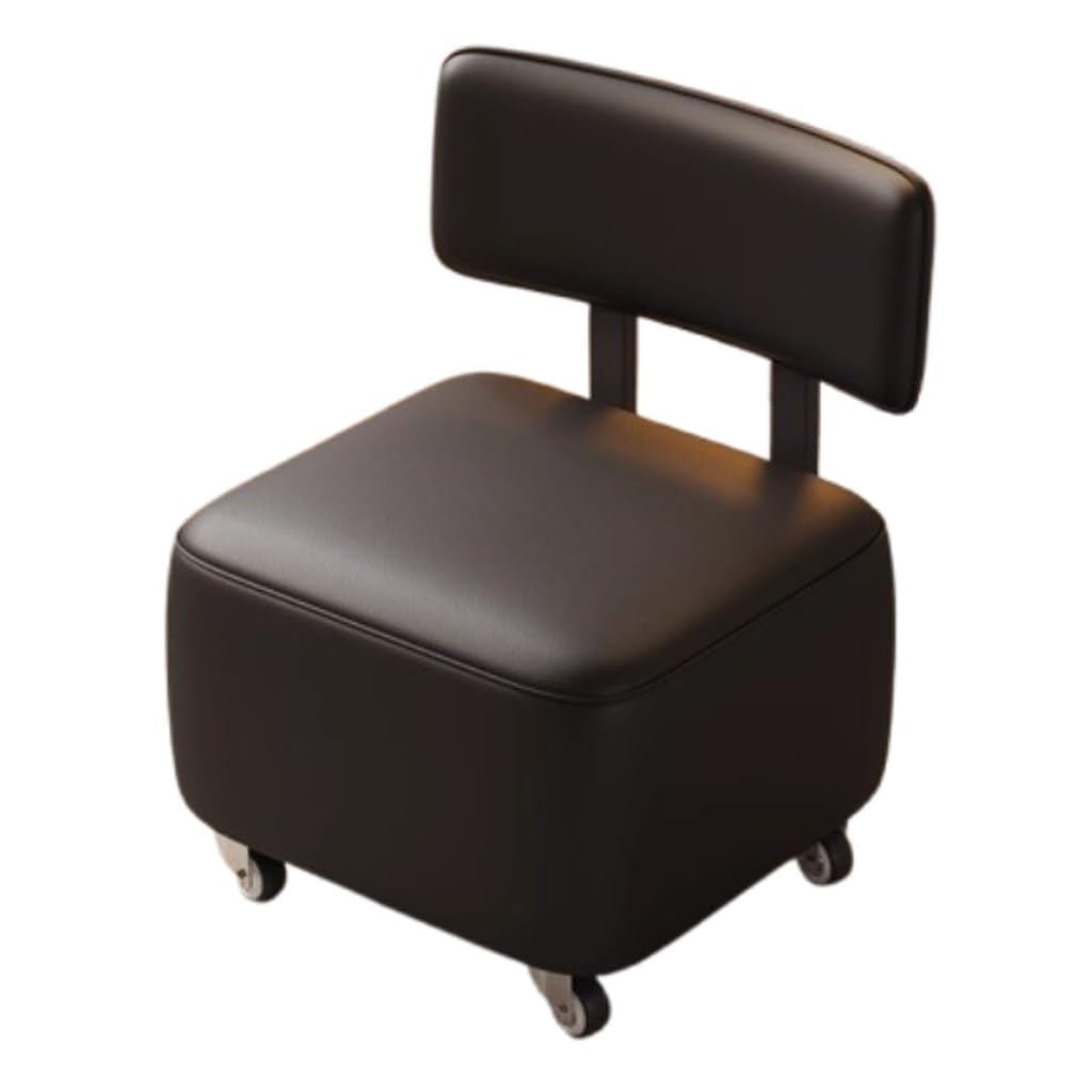 WDSOPK Rolling Sofa Stool Chair with Backrest,Faux Leather Ottoman Low Pulley Chair for Home,Portable Mini Shoe Stools Step Stools Footrest Stool with Wheels（Black）