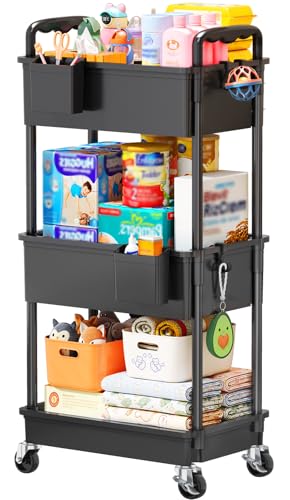 Image of SUNALLY Baby Diaper Caddy Cart, 3 Tier Rolling Diaper Cart with Lockable Wheels for Nursery Essentials, Large Capacity & Easy Assemble Diaper Storage Organizer for Newborn,New Mom, Black