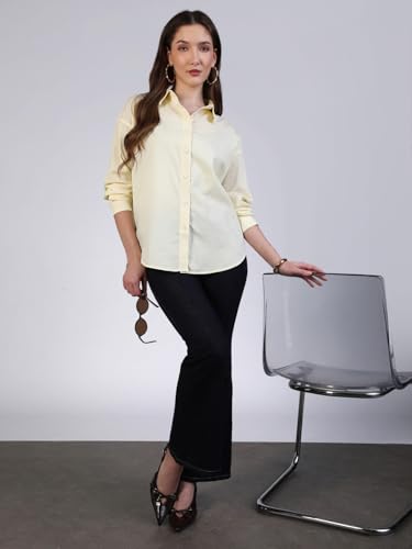 Image of Urbano Fashion Women's Cotton Full Sleeve Oversized Fit Casual Solid Slub Shirt with Spread Collar