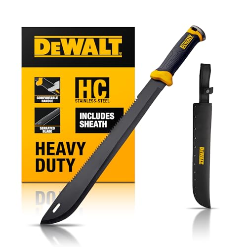 DEWALT 24 Inch MA60 Field Machete - Full Tang Stainless Steel Blade with Saw Back Construction & Non-Slip TPR Handle with Nylon Sheath for Brush Clearing, Yard Work, Camping & Outdoor Use