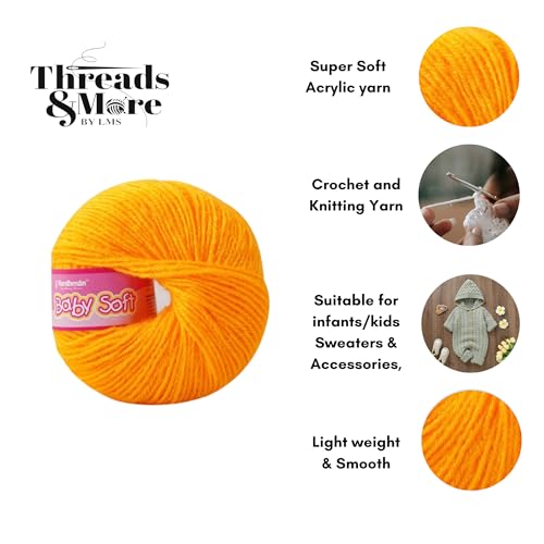 Image of Vardhman Baby Soft Yarn Pack of 6 - 4-Ply Acrylic Wool 150g Total | Soft Yarn for Knitting & Crocheting Baby Blankets, Sweaters, Toys & Accessories | 86m per 25g Ball (1, Mango)
