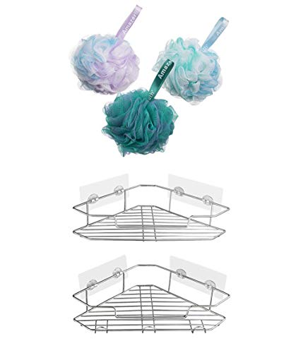 AmazerBath Adhesive Bathroom Corner Shower Shelf and Shower Sponge Bath Loofahs for Shower 75g for Body Wash Bathroom Men Women - Set of 3 (Flower Green-Blue-Purple)