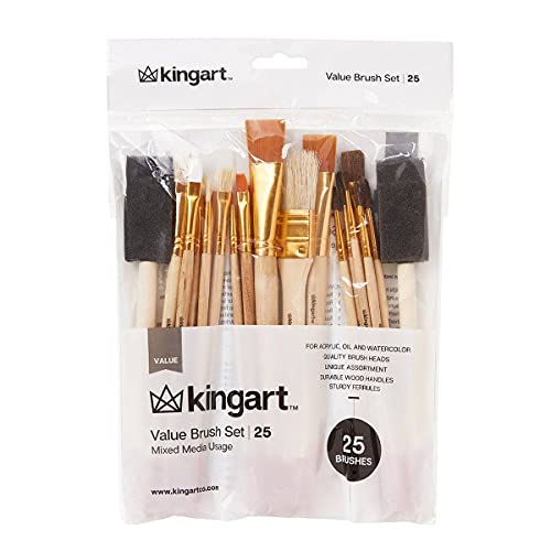 KINGART Paint Brush Set - Pack of 25, Assorted Variety, All-Purpose Paint Brushes - Use with Acrylic, Oil, Watercolor, Gouache Paints, Face Nail Art, Miniature Detailing and Rock Painting