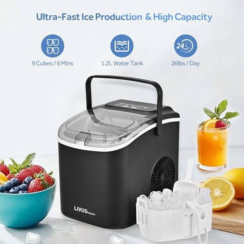 LIVINGbasics Countertop Ice Maker,Self-Cleaning,9 Cubes in 6-12 Mins | 26lbs/Day. Whisper-quiet 45dB. Compact 9.5x11.5x11 in. Fits home, office, RV. Includes ice scoop and basket.