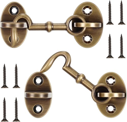 Image of Set of 2 Solid Brass Cabin Hook, 2.75 inch Hook and Eye Latch for Cabin Door, Barn Door, Gate, Shed, Fence, Cabinet, Bathroom - Closet Window Sash Catch - Antique Brass Finish - by A29