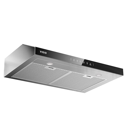 Image of VIKIO HOME Under Cabinet Range Hood 30 Inch, 900 CFM Dual Centrifugal Motor, 3-Speed Ducted Kitchen Vent, Reusable Filters, Stainless Steel Kitchen Hood with LED Lights, Low Noise, Glass Black