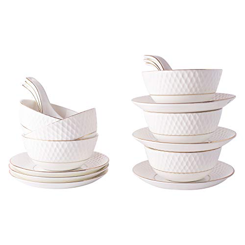 Image of E-Ezra Indian Tableware Ceramic Bone China White Soup Bowls Cup with Spoons & Saucer /Deep Maggi Cup Microwave Safe (Embossed White)