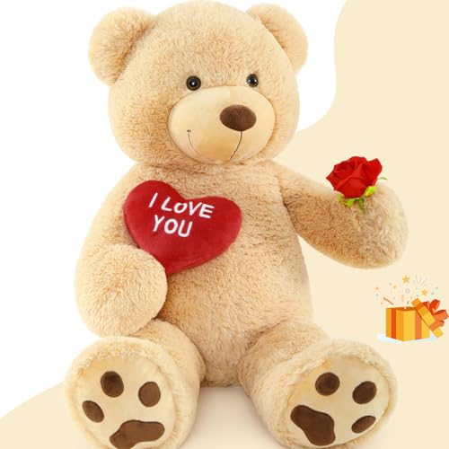 MorisMos Oso Peluche Gigante con Corazón Rojo I Love You, 90cm XL Osito de Peluche Grande Suave Kawaii, Regalo para Niños Novia Mujer Niñas Cumpleaños (Marrón Claro)