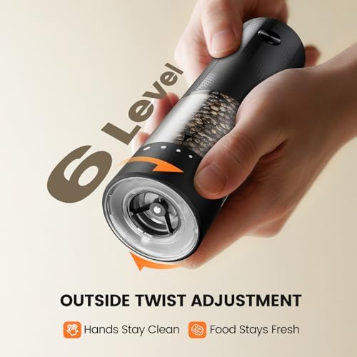 Electric Salt and Pepper Grinder Set - Rechargeable Automatic Salt and Pepper Shakers, Kitchen Appliances with External Adjustable Coarseness, Larger Hopper for Cooking, Home Gifts(2 Pack,Black/Black) Detail