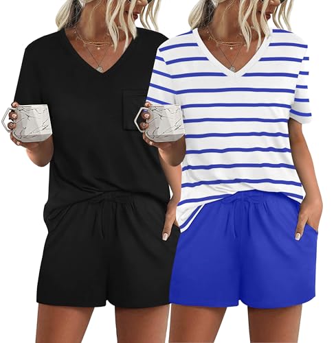 Image of RUBZOOF Women's Short Sleeve Pajama Sets with Pockets Casual V Neck 2 Piece Lounge Sets S-3XL