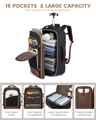Image of LOVEVOOK Rolling Backpack with Wheels, Carry On Luggage for Women Men, 17 Inch Wheeled Travel Backpack 57L Water Resistant, Flight Approved Underseat Luggage Trolley Bag for Business Overnight