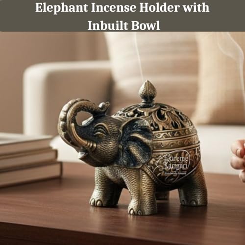 Image of Trunk Up Elephant Incense Burner Holder with Lid - Cone Incense Holder for Home Fragrance, Decorative Incense Burner for Meditation, Yoga, Temple, Living Room Decor
