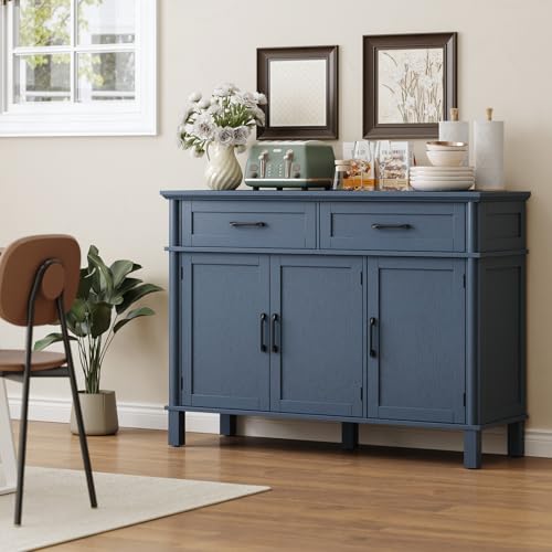 Image of ONBRILL 48 Inch Buffet Cabinet with Storage, Farmhouse Sideboard Buffet w /2 Drawers and 3 Doors, Wood Coffee Bar Cabinet with Adjustable Shelves, Sideboard Storage for Kitchen, Living Room, Blue