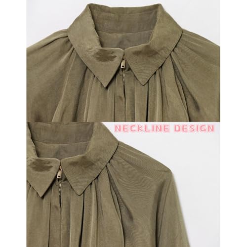 Balloon Sleeve Jacket, Lapel Collar Zip Front Pleated Oversized Shirts, Dolman Cropped Up Flowing Top, Streetwear3