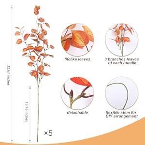 5PCS Artificial Fall Eucalyptus Leaves Stem Plants, 32.7 inch Fake Leaves Autumn Greenery Branches Orange Shrubs Silk Faux Foliage DIY Stems for Christmas Festival Home Kitchen Farmhouse 5PCS Artificial Fall Eucalyptus Leaves Stem Plants 327 inch Fake Leaves Autumn Greenery Branches Orange Shrubs Silk Faux Foliage DIY Stems for Christmas Festival Home Kitchen Farmhouse