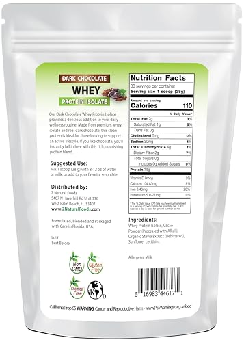 Z Natural Foods Dark Chocolate Whey Protein Isolate, Natural Protein Powder with Zero Sugar, Enriched with Vital Proteins for Energy Boost and Weight Loss, Gluten Free, Non-GMO, 5 lbs