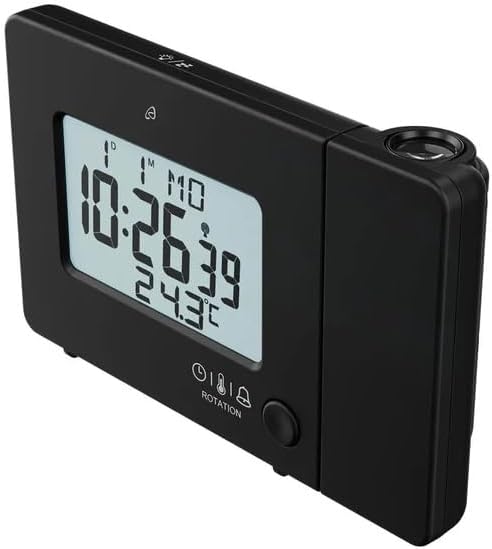 Côté view of the alarm clock showing the adjustable projection arm.