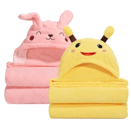 Image of Hooded Toddler Bath Towels, 2 Pack Thick Towel for Kids with Animal Hood, Extra Large 50 x 32 inch for Baby 0-6 Years, Soft Absorbent Coral Fleece for Boys & Girls, Pink Ribbit & Yellow Bee