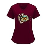 OUMSHBI Schlupfkasack Unisex - Damen Pflege Kasacks V-Ausschnitt Schlupfhemd Motive Bedruckt Kurzarm T-Shirt Mit Taschen Berufsbekleidung Damen - Kasack - Tunika Kittel Pflege Damen