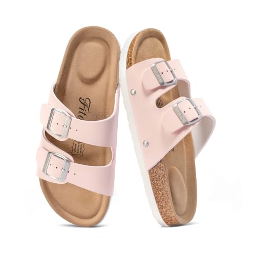 Image of FITORY Womens Flat Sandals with Cork Footbed, Open Toe Arch Support Slides Adjustable Slip On Slippers for Summer 2026 Size 6-11