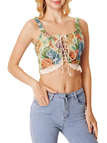 Floerns Women's Vintage Floral Lace Up Camisole Bustier Shirred Back Coset Crop Cami Tops Green Flower L - Image 4