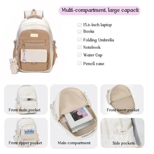 Image of PRLINJSK Girls Backpack for College High Middle School Student, Cute Aesthetic Bookbag for Teens Women with Accessories,Khaki Beige