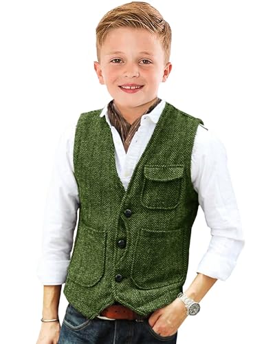 Image of Retro Boys Tweed Vest for Kids Formal Dress Herringbone Suit Vest for Toddler Boy Wedding Waistcoat