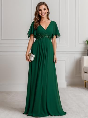 Image of Ever-Pretty Women's Spring Short Sleeve Bridesmaid Dresses V-Neck Chiffon Ruched Empire Waist Appliques Long Formal Dress