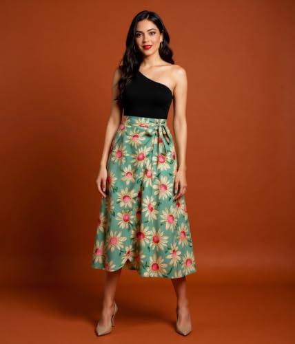 Image of GirlCode Women's Boho Floral Print Wrap Front Self Tie Knot Midi Skirt Women & Girls