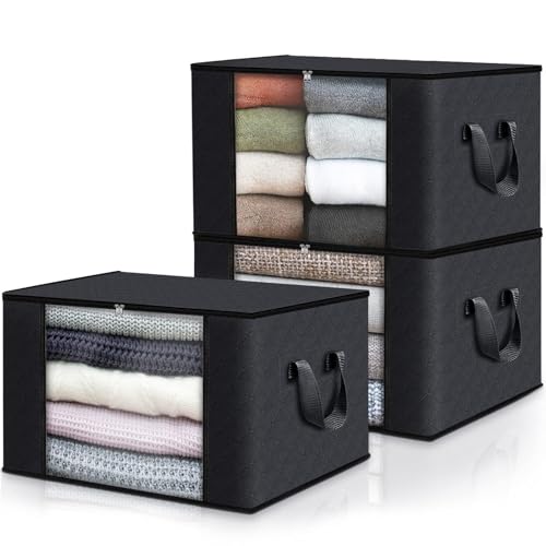 Image of Fab totes Storage Bags,Clothes Blanket Storage Bins Foldable Closet Organizers with Reinforced Handle for Home Dorm Storage and Organization,Fabric Bags for Organizing Sheets,Clothing (Black,3 Pack)