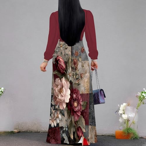 Image of Women's Plus Size Maxi Dresses Long Sleeves V Neck Floral Print Bohemian Swing Long Dress with Belt