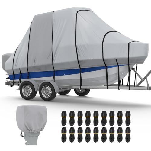 RVMasking Hard Top/T-Top Boat Cover, 1200D Partial Reinforced Waterproof Heavy Duty with Motor Cover for Center Console Boat with T TOP Roof, 22'-24' Long Beam Width up to 106', Gray