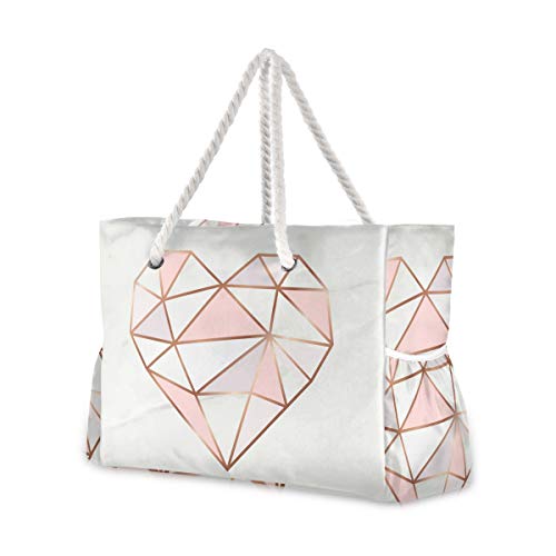 ALAZA Beach Bag, White Marble Rose Gold Heart Geometric Travel Tote Bags for Camping, Exercise