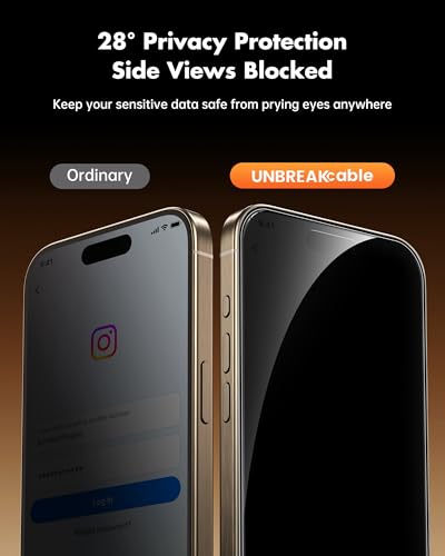 Image of UNBREAKcable Privacy Screen Protector for iPhone 15 Pro Max, Shatterproof Tempered Glass [True 28Anti Spy] [9H Hardness] [Easy Installation Frame] Private Protector for iPhone 15 Pro Max 6.7 inch-2 Pack