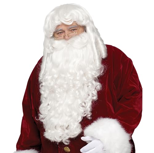 Perruque et barbe de Père Noël Super Dlx avec bonnet respirant et boucles volumineuses fixes