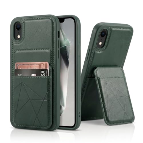 Image of amazon basics Premium Vegan Leather Back Cover with Card Holder and Integrated Mobile Stand for iPhone XR - Slim Shockproof Wallet Case with Geometric Stitching [Green]