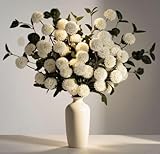 LESING 10pcs Long Stem Artificial Flowers with Eucalyptus for Vase,20' Tall Fake Silk Pompon Mum Flower Bulk Arrangement for Home Living Room Decor (White,10pcs)