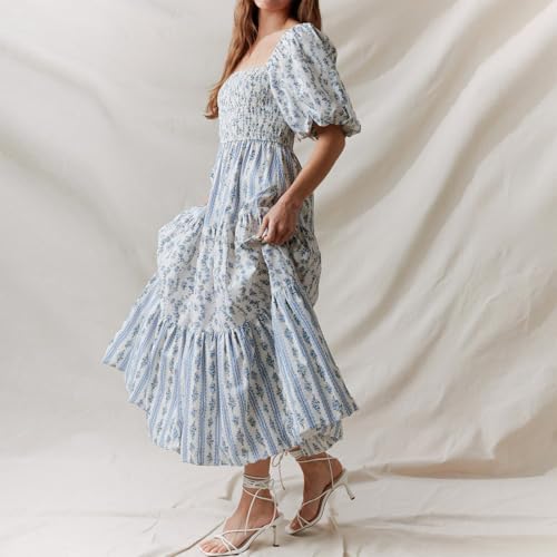 Image of Women Patchwork Dress Y2k Floral Puff Short Sleeve Maxi Dress Summer Boho Smocked Tiered Ruffle Beach Sundress