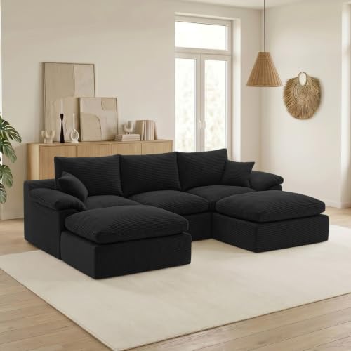 Image of Cloud Sectional Couch, Boneless Couch Modular Sofa, Black | U shaped, Couches for Living Room & Apartments, Deep Seat & Convertible Ottoman, Kid & Pet Friendly, Family Ready