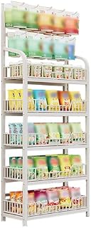 Floor Display Rack for Snacks MultiTiered Shelving Unit for Candy Shops Pharmacies with Hooks Storage for Fruits Vegetables and Beverages.