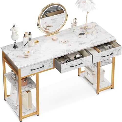 ODK Schreibtisch mit Schubladen und Regal, Schminktisch ohne Spiegel, Computertisch PC Tisch für Heimbüro, Schlafzimmer und Wohnzimmer, Frisiertisch mit 2...