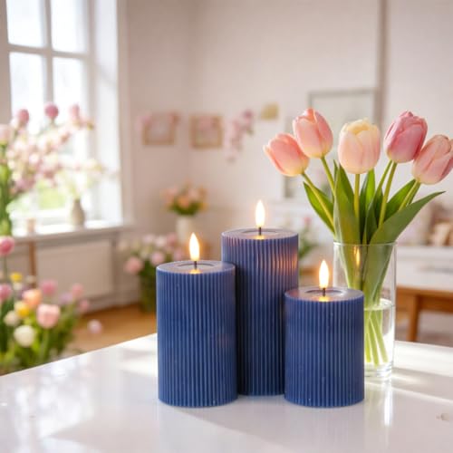 Image of Battery Operated Flameless Candles with 6 Hour Timer 3 Pack Real Wax Vertical Stripe 3D Wick Flickering LED Pillar Candles Dinner Wedding Christmas Holiday Decor(Navy Blue, 3 inchD x 5 inch, 6 inch, 7 inchH)