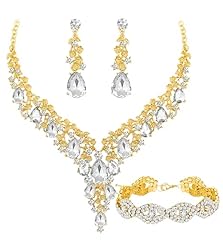 Necklace + Earring + Bracelet (Gold Plated White Crystal)