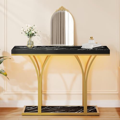 DWVO Gold LED Lit Modern 39-Inch Wide Console Table - Narrow Marble Top Foyer Furniture for Entryway, Hallway & Living Room Accent (Black)