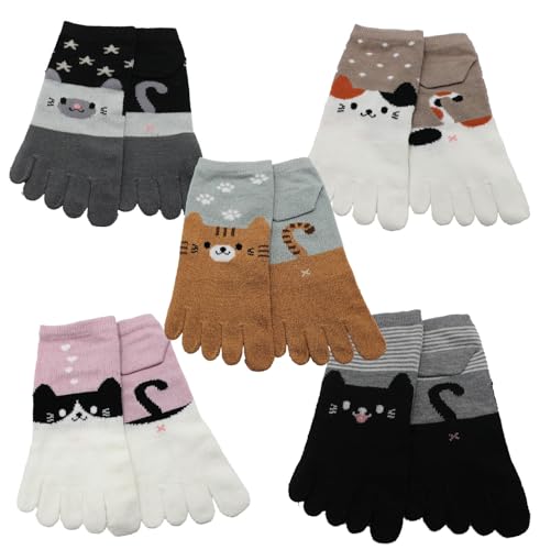 Image of Japanese Cat Design Toe Five Finger Socks (Set of 5 Pairs) Athletic No Show Split Toe Socks Colorful