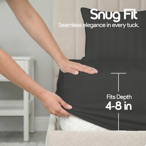 Image of LINENWALAS Cotton 300 TC Fitted Bed Sheet for Queen Bed | Signature 2 CM Sateen Stripe Design | All-Around Elastic for 4-8 Inch Mattresses |Luxury Hotel-Style Bedding (60 x 78, Dark Grey)