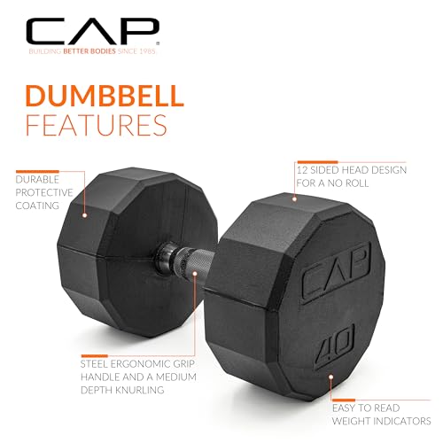 Image of CAP Rubber Coated Dumbbell Weights, Free Weights for Home Gym Strength Training, Anti-Roll Hex Dumbbells with Black, Chrome & Comfort Grip Handles, Singles