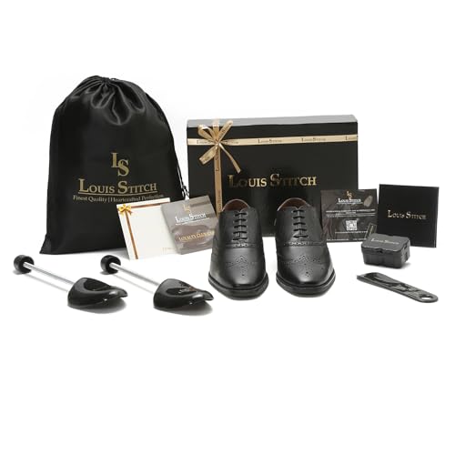 Image of LOUIS STITCH Mens Jade Black Italian Leather Wingtip Brogue Handmade Formal Lace Up Shoe (RXBGJB) - 10 UK