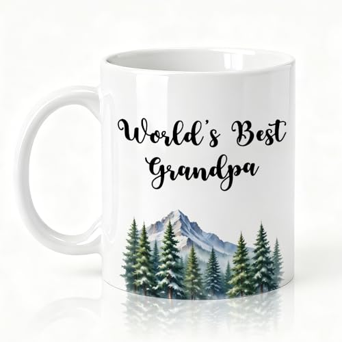 SRWNFOS World’s Best Grandpa Ceramic Mug, Forest Watercolor Style Drinking Cup For Best Grandpa, Funny Mountain Theme Coffee Mug For Men, Christmas Retirement Thank You Gifts For Grandfather