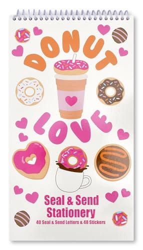 Image of iscream Fold and Send Girls Stationery Card Pad with Seals - Donut Love | 40 Pack, Cute Design, Spiral Bound, Large 10.5 inch x 5.75 inch Cards, Coordinating Sticker Sheets, Fold and Send, Summer Camp Ready